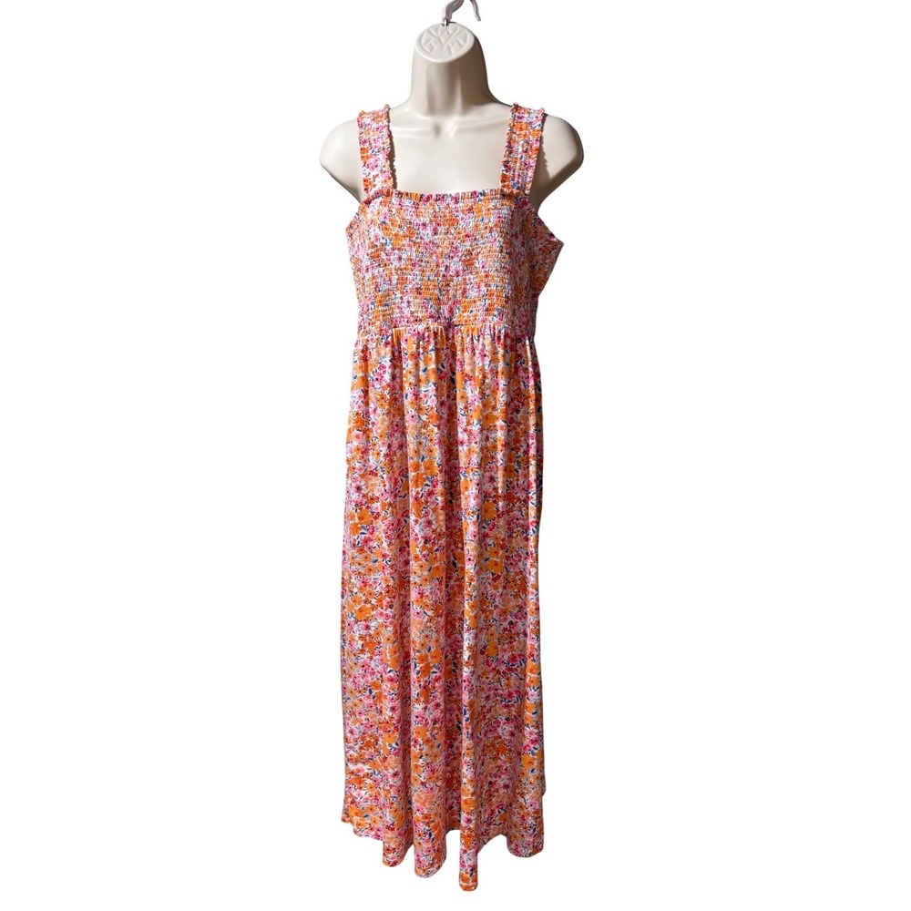 Old Navy Floral Smocked Maxi Dress XL Orange Pink Ditsy Print Boho Sundress - Picture 2 of 8